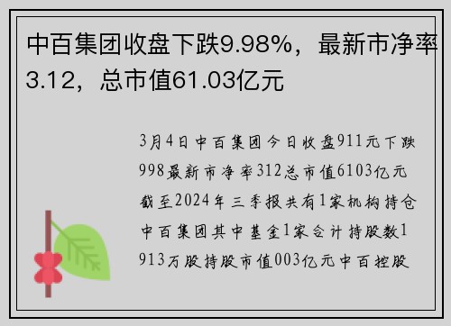 中百集团收盘下跌9.98%，最新市净率3.12，总市值61.03亿元