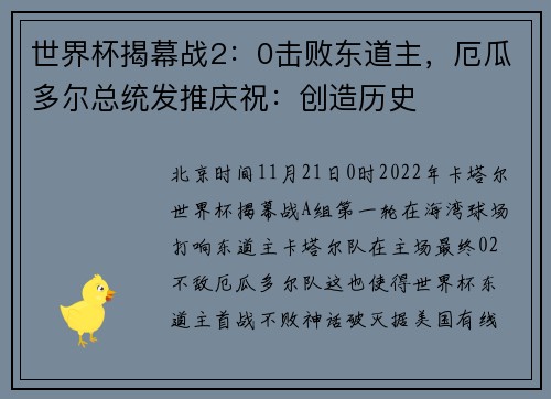 世界杯揭幕战2：0击败东道主，厄瓜多尔总统发推庆祝：创造历史