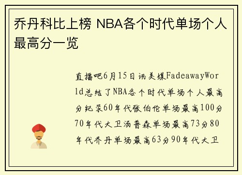 乔丹科比上榜 NBA各个时代单场个人最高分一览