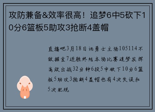 攻防兼备&效率很高！追梦6中5砍下10分6篮板5助攻3抢断4盖帽